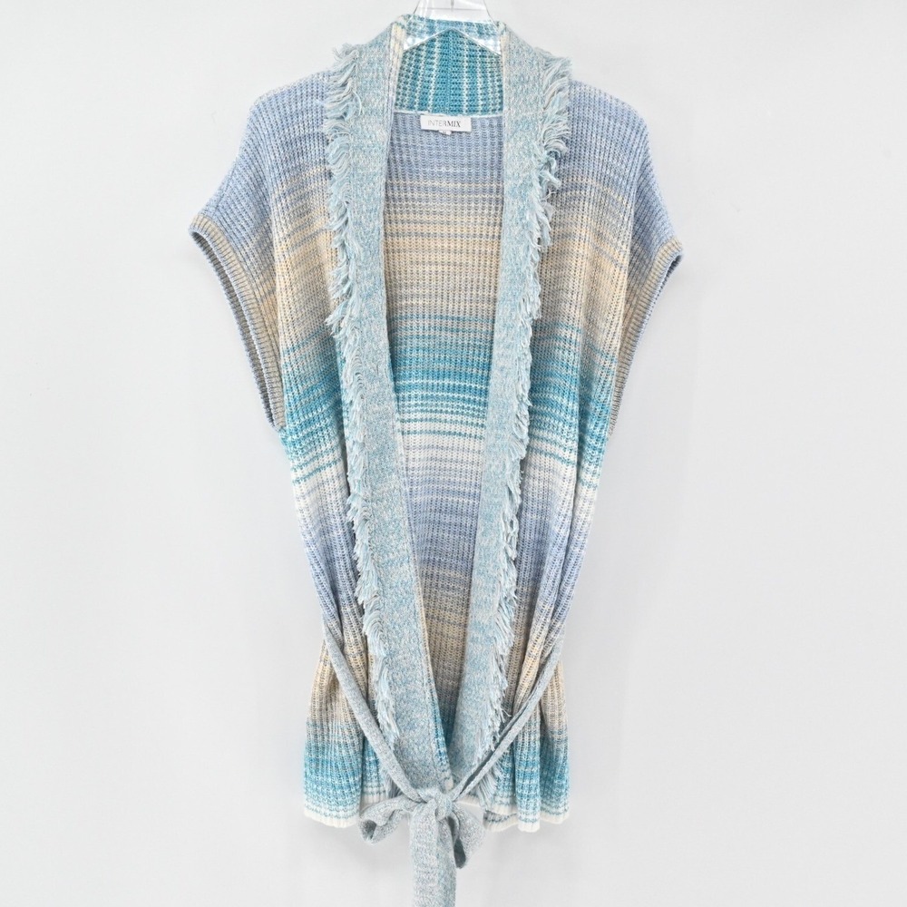 Intermix Chiara Space Dye Wrap Cardigan Womens Size M Blue Tan Belted Sweater